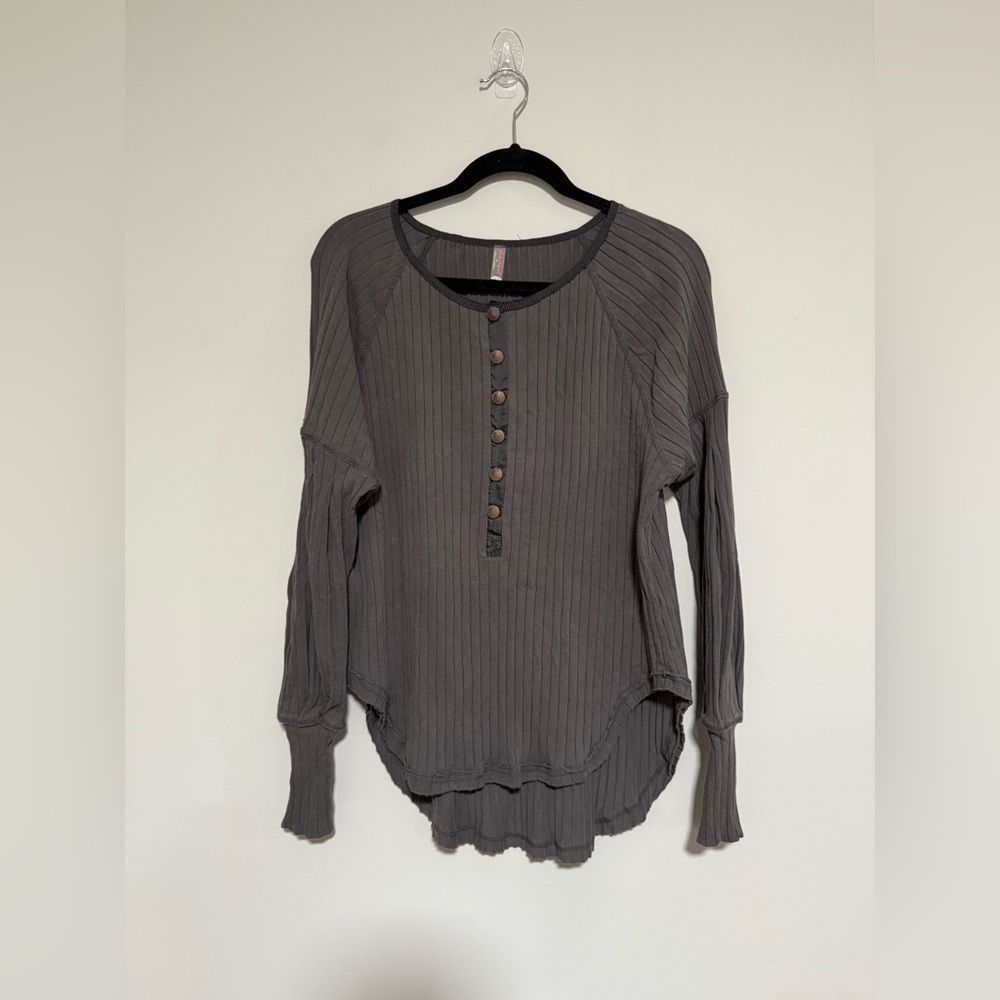 Free People Movement Bella Gray Ribbed Long Sleeve Snap Henley Top Size XS